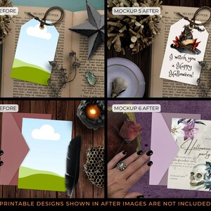 May include: Two mockups for Halloween-themed printable designs. The first mockup shows a white tag with a witch's hat and the text "I witch you a Happy Halloween!" on a vintage book with a twig wreath and a teacup. The second mockup shows a card with a skull and flowers on a purple surface with a feather and a candle.