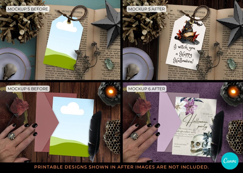 May include: Two mockups for Halloween-themed printable designs. The first mockup shows a white tag with a witch's hat and the text "I witch you a Happy Halloween!" on a vintage book with a twig wreath and a teacup. The second mockup shows a card with a skull and flowers on a purple surface with a feather and a candle.
