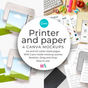 Printer and Paper Sheets Canva Mockup A4 US Letter size Desktop Stationery for Worksheets Planner Pages Printable Art Graphic Illustration