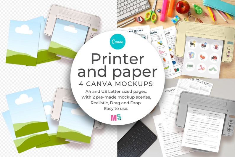 May include: Four Canva mockups for printer and paper, featuring two different scenes. The first scene shows a printer with stacks of paper with a green and blue landscape design. The second scene shows a printer with a variety of papers, including a planner, a worksheet, and stickers. The text "Printer and paper" is displayed in a large font with the Canva logo.