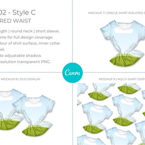 Canva Tshirt 02 Mockup template. Works like Photoshop. Includes 12 mockups. 3 styles and 3 layouts. Features clip frames to drag and drop your designs into. Underlying detail remains visible. Display image showing 3 x Style C mockups, gathered waist.
