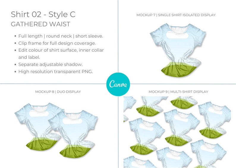 Canva Tshirt 02 Mockup template. Works like Photoshop. Includes 12 mockups. 3 styles and 3 layouts. Features clip frames to drag and drop your designs into. Underlying detail remains visible. Display image showing 3 x Style C mockups, gathered waist.