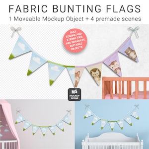 Puede incluir: Una maqueta que muestra banderines de tela con diseños de nubes, zorro, erizo y osos. Las banderas se muestran en diferentes escenas. El texto incluye "CANVA SMART MOCKUP" y "FABRIC BUNTING FLAGS". La URL de la tienda de Etsy también es visible.