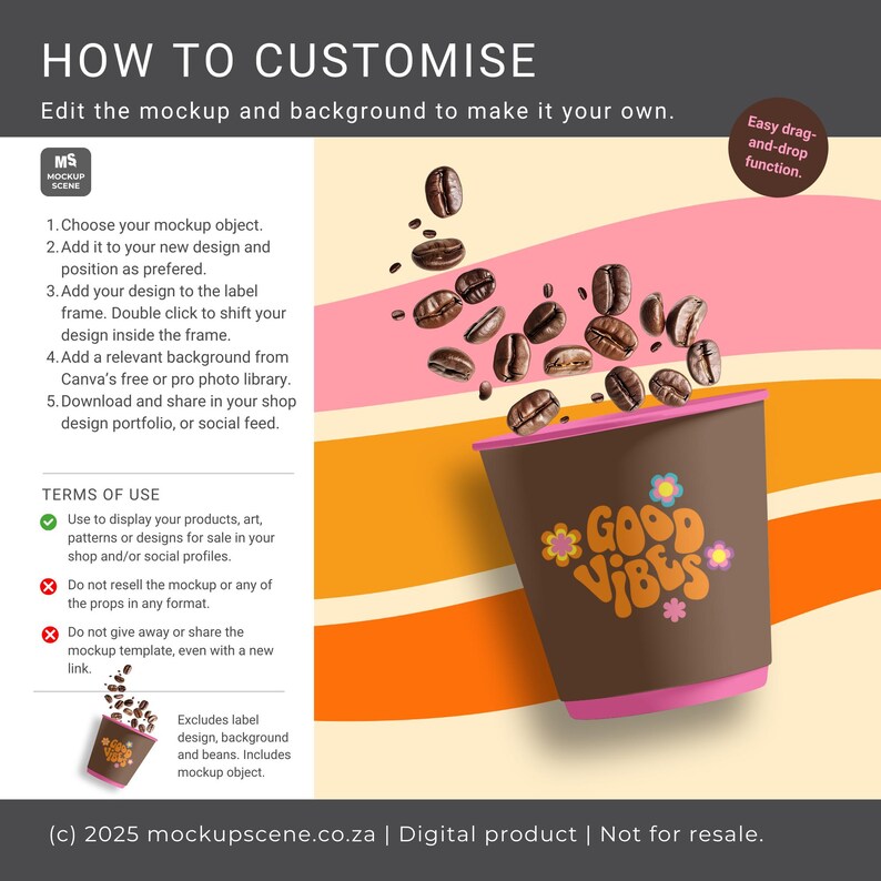 K&ouml;nnte beinhalten: Ein brauner Kaffeebecher-Mockup mit rosa Rand und den Worten "Good Vibes" in Orange. Kaffeebohnen sind um die Tasse herum verstreut, vor einem Hintergrund aus rosa, orangefarbenen und gelben Streifen. Das Bild enth&auml;lt Anweisungen.