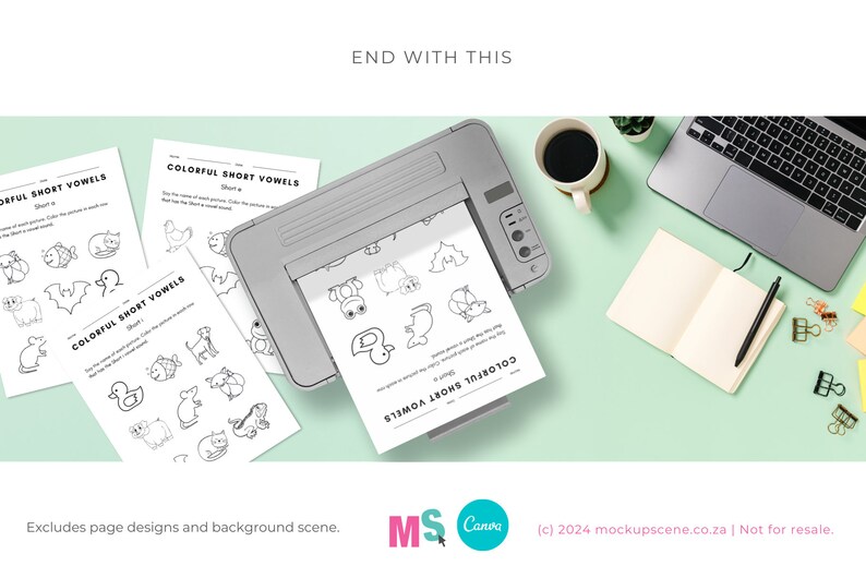 May include: A printer printing out black and white worksheets with the title "Colorful Short Vowels" and the letter "a" circled. The worksheets are on a light green surface with a laptop, a cup of coffee, and a notebook.