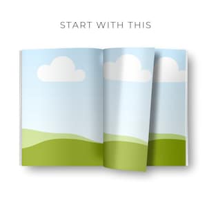 May include: An open book with a blue sky and white clouds on the pages. The bottom of the pages show green hills.