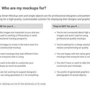 Puede incluir: Gr&aacute;fico blanco con el texto "Who are my mockups for?" y listas de criterios a favor y en contra del uso de maquetas. El logotipo de MS Mockup Scene est&aacute; en la esquina superior izquierda.