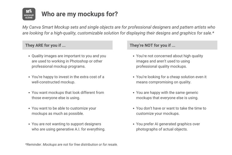 Puede incluir: Gr&aacute;fico blanco con el texto "Who are my mockups for?" y listas de criterios a favor y en contra del uso de maquetas. El logotipo de MS Mockup Scene est&aacute; en la esquina superior izquierda.
