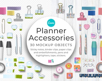 Planner Accessory Mockups for Canva with Sticky Notes Paper Binder Clips Embellishments Highlighter Pen Washi tape Pieces Sticker Sheet