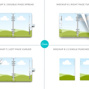 May include: Four different mockups of a planner with a blue and green design. The mockups show a double-page spread, a right page turning, a left page curled, and two single punched pages.