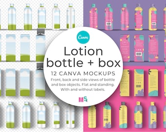 Lotion Bottle and Box Mockup for Canva with shrink wrapped wrap around labels box dieline front back  side views, standing flat lay
