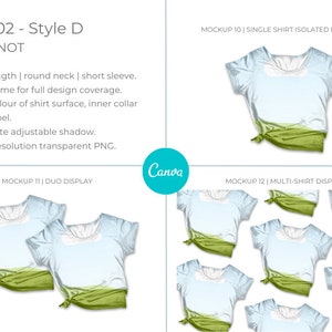 Canva Tshirt 02 Mockup template. Works like Photoshop. Includes 12 mockups. 3 styles and 3 layouts. Features clip frames to drag and drop your designs into. Underlying detail remains visible. Display image showing 3 x Style D mockups, side knot.