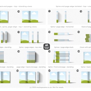 A series of book mockups displaying different angles, including front cover, spine, and open pages. The designs feature Canva frames - a landscape scene with a blue sky and green hills. The image includes the text "MS MOCKUP SCENE".