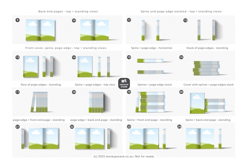 A series of book mockups displaying different angles, including front cover, spine, and open pages. The designs feature Canva frames - a landscape scene with a blue sky and green hills. The image includes the text "MS MOCKUP SCENE".