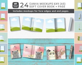 Buch Mockup Kit Canva Template KDP Softcover Mock Up Vorderseite Rückseite mit Rückenteil mit Rücken Endseiten Vorderkante Spray Mock-up Offene Seitenfläche A5 6x9