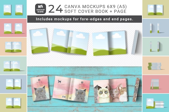 Book Mockup Kit Canva Template KDP Soft Cover Mock Up Front Back with Spine End Pages Fore Edge Spray Mock-up Open Page Spread A5 6x9