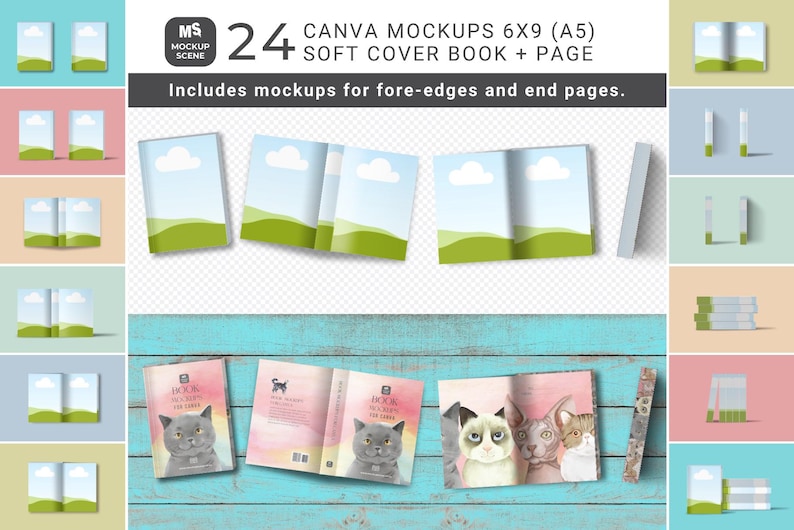 May include: A collection of 24 Canva mockups for 6x9 inch (A5) soft cover books and pages. The image includes various book layouts, including open and closed books, with fore-edge and end page mockups. The book covers feature a landscape design.