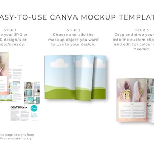 May include: A mockup template for a magazine cover and inside pages. The cover features a pink shoe with a yellow ribbon. The inside pages feature a green landscape with a blue sky and white clouds. The text on the image reads "EASY-TO-USE CANVA MOCKUP TEMPLATE" and "THE ART OF DESIGN".