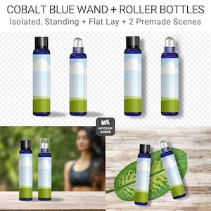 May include: Cobalt blue wand and roller bottles mockup. The bottles have a white label with a blue sky and green grass design. The image includes the text "CANVA SMART MOCKUP" and "COBALT BLUE WAND + ROLLER BOTTLES".