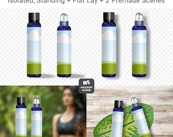 Cobalt Blue Oil Wand and Roller Bottles Canva Smart Mockup, for Cosmetic Product Brand Label Presentation Design and Listing Images