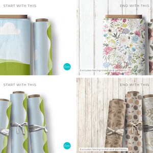 May include: Four rolls of fabric with different patterns. The fabric rolls are tied with white string. The fabric patterns include a green and blue landscape, a wavy green and blue pattern, a floral pattern, and a pattern with leaves and dots.