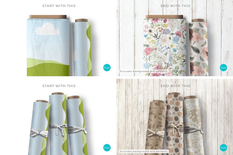 May include: Four rolls of fabric with different patterns. The fabric rolls are tied with white string. The fabric patterns include a green and blue landscape, a wavy green and blue pattern, a floral pattern, and a pattern with leaves and dots.