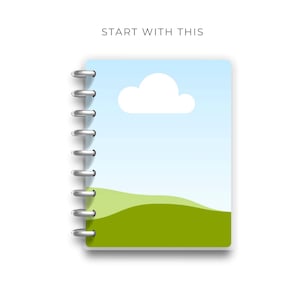 K&ouml;nnte beinhalten: Ein blaues und gr&uuml;nes Notizbuch mit einer wei&szlig;en Wolke und dem Text "START WITH THIS" auf dem Cover.