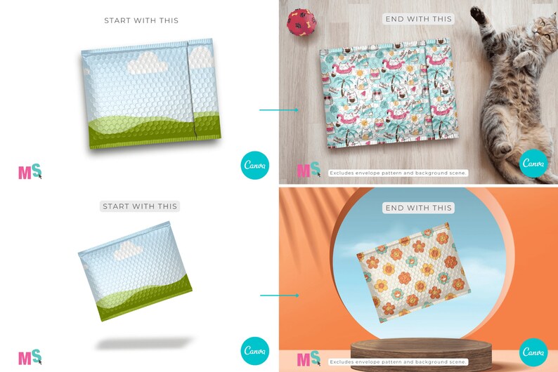 May include: Two images showing how to create a custom design for a bubble mailer. The first image shows a blue and green bubble mailer with a simple cloud and grass design. The second image shows a blue and white bubble mailer with a colorful floral pattern.