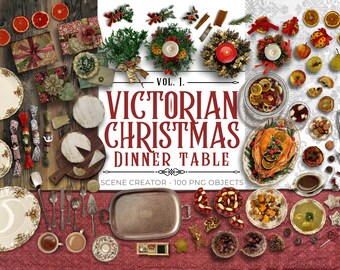 Victorian Christmas Dinner Scene Creator 100 Cutout Clipart Mockup Props for Scrapbooking, Designers and Digital Artists