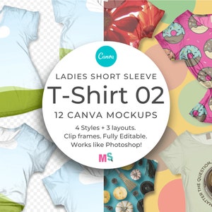 Image shows the all over blank T-shirt Canva Mockups on the left side over a transparent background without any designs added. On the right are Tshirt mock ups with various all-over print designs added to them and drop shadows edited, over a multi-coloured background. In the centre is a white circle with 'T-shirt 02, 12 Canva Mockups, 4 styles + 3 layouts. Clip frames. Fully Editable. Works like Photoshop. Below that is the Mockup Scene logo.