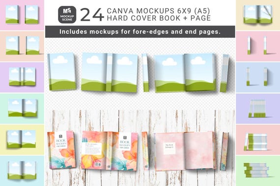 Book Mockup Kit Canva Template Hard Cover Front Back Spread Mock Up with Spine Fore Edge Spray Open Page KDP Amazon Mock-up Reading A5 6x9