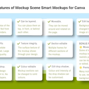 Puede incluir: Una imagen que muestra las caracter&iacute;sticas de Mockup Scene Smart Mockups para Canva. Las caracter&iacute;sticas incluyen maquetas realistas, capas, elementos m&oacute;viles y fondos editables. Tambi&eacute;n se destaca la alta calidad, la funcionalidad de arrastrar y soltar y la edici&oacute;n de color.
