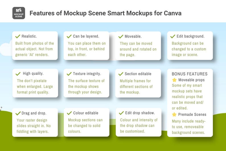 Puede incluir: Una imagen que muestra las caracter&iacute;sticas de Mockup Scene Smart Mockups para Canva. Las caracter&iacute;sticas incluyen maquetas realistas, capas, elementos m&oacute;viles y fondos editables. Tambi&eacute;n se destaca la alta calidad, la funcionalidad de arrastrar y soltar y la edici&oacute;n de color.