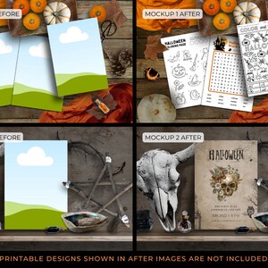 May include: Two mockups showing printable Halloween designs. The first mockup shows a set of three printable cards with a sky and grass design. The second mockup shows a printable Halloween party invitation with a skull and floral design.