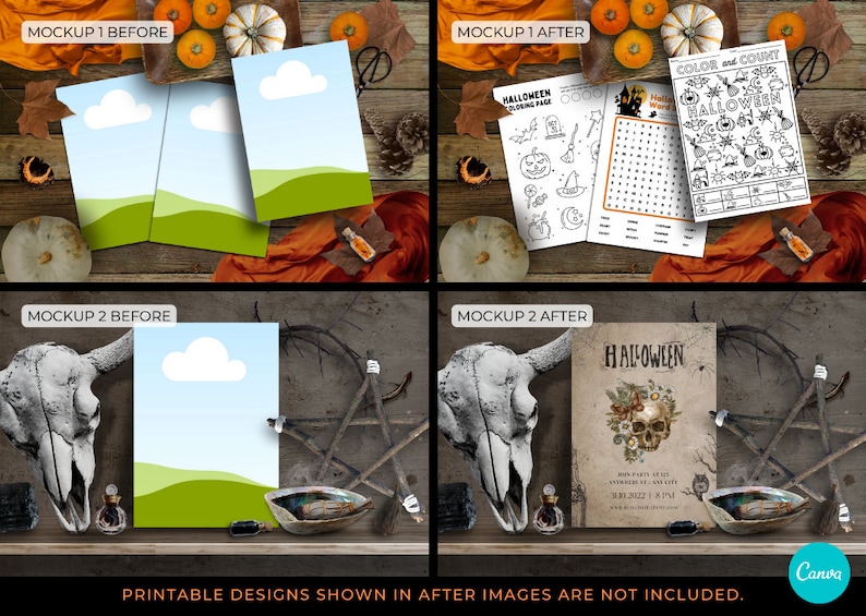 May include: Two mockups showing printable Halloween designs. The first mockup shows a set of three printable cards with a sky and grass design. The second mockup shows a printable Halloween party invitation with a skull and floral design.