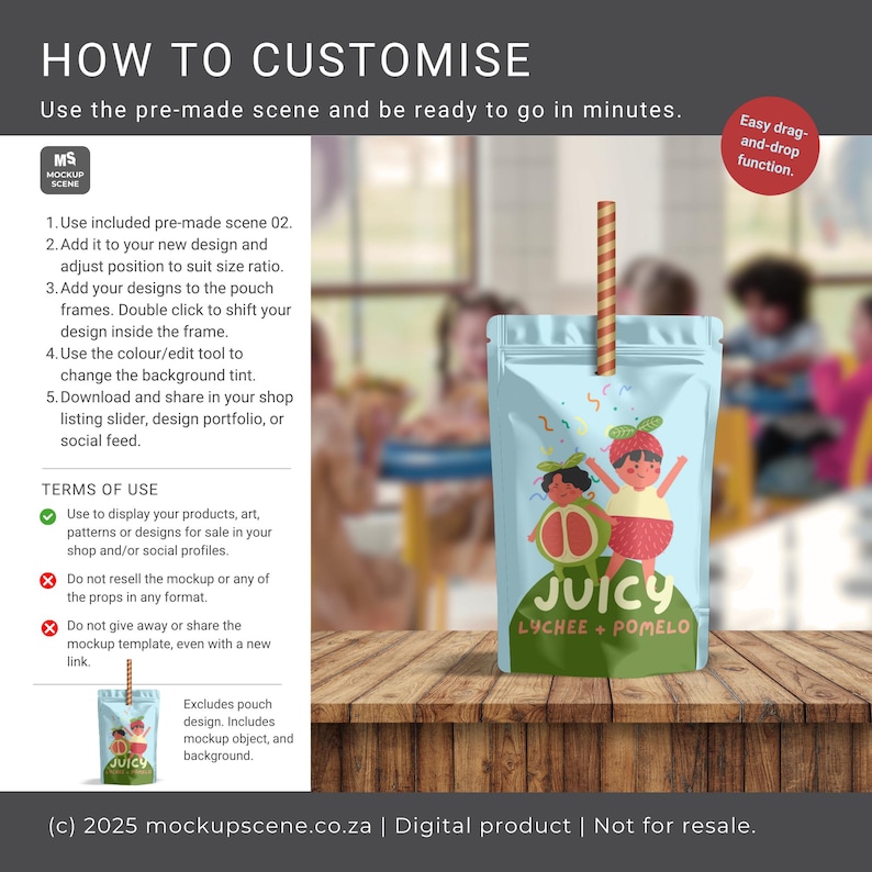 Puede incluir: Una bolsa de jugo azul claro con una pajita, con una ilustraci&oacute;n de dibujos animados de dos ni&ntilde;os y el texto "JUICY LYCHEE + POMELO". La imagen incluye instrucciones sobre c&oacute;mo personalizar el dise&ntilde;o de la bolsa y usarla para exhibir productos.