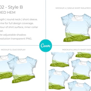 Canva Tshirt 02 Mockup template. Works like Photoshop. Includes 12 mockups. 3 styles and 3 layouts. Features clip frames to drag and drop your designs into. Underlying detail remains visible. Display image showing 3 x Style B mockups - bunched hem.
