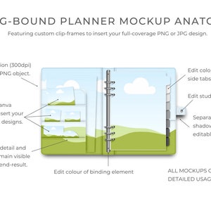 May include: A mockup of a ring-bound planner with customizable clip-frames for inserting images or designs. The planner features a blue and green design with clouds and hills. The side tabs, stud color, and drop shadow are editable.