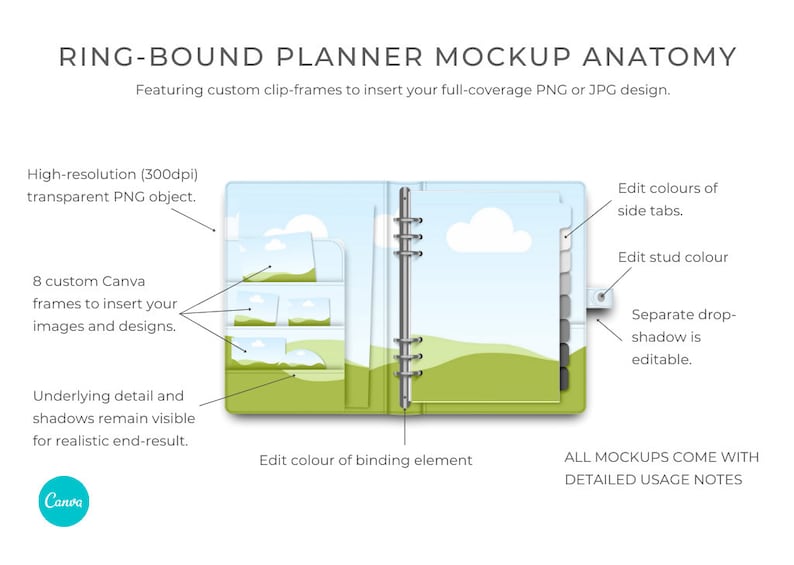 May include: A mockup of a ring-bound planner with customizable clip-frames for inserting images or designs. The planner features a blue and green design with clouds and hills. The side tabs, stud color, and drop shadow are editable.