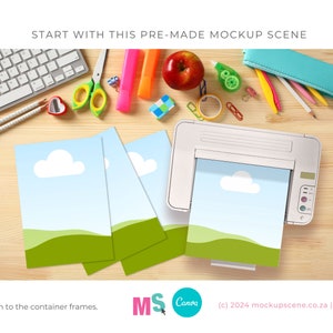May include: A mockup scene featuring a printer, a keyboard, and stationery. Four blank frames with a green grass and blue sky design are included. The text "START WITH THIS PRE-MADE MOCKUP SCENE" is at the top of the image. The text "Add your design to the container frames." is at the bottom of the image. The text "(c) 2024 mockupscene.co.za | Not for resale." is at the bottom of the image.