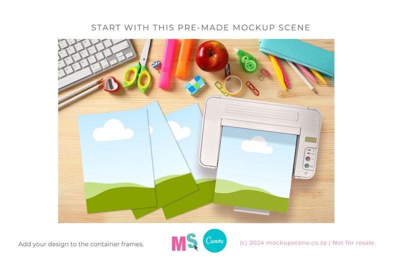 May include: A mockup scene featuring a printer, a keyboard, and stationery. Four blank frames with a green grass and blue sky design are included. The text "START WITH THIS PRE-MADE MOCKUP SCENE" is at the top of the image. The text "Add your design to the container frames." is at the bottom of the image. The text "(c) 2024 mockupscene.co.za | Not for resale." is at the bottom of the image.