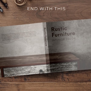 May include: Open book mockup with a rustic wood background. The book cover features a gray textured background with the text "Rustic Furniture Interior Decor".