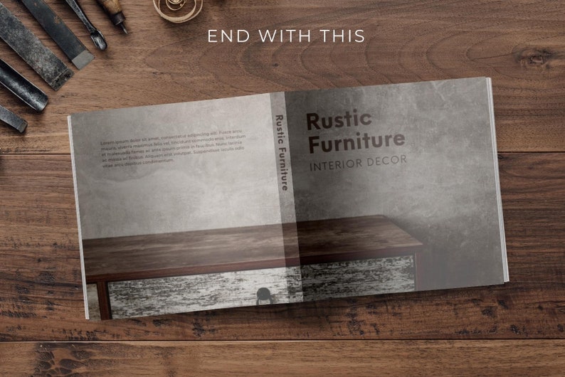 May include: Open book mockup with a rustic wood background. The book cover features a gray textured background with the text "Rustic Furniture Interior Decor".