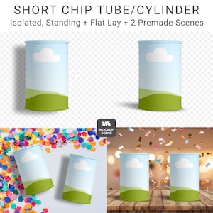 May include: A mockup of a short chip tube or cylinder with a sky and landscape design. The design features a light blue sky with a white cloud, green hills, and a green base. The text "CANVA SMART MOCKUP" and "SHORT CHIP TUBE/CYLINDER" are visible.