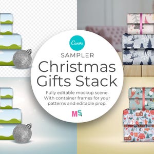 Puede incluir: Una escena de maqueta que presenta cuatro pilas de regalos de Navidad envueltos en papel festivo. Cada pila está coronada con un adorno decorativo. La escena se desarrolla sobre una variedad de fondos, incluyendo un fondo transparente, una mesa de madera y un fondo azul claro.