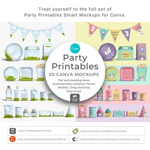 Puede incluir: Maquetas tem&aacute;ticas de fiesta para Canva, con varios recipientes, decoraciones y golosinas. La imagen incluye el texto "Party Printables" y "20 Canva Mockups". Las maquetas est&aacute;n dise&ntilde;adas para un uso f&aacute;cil de arrastrar y soltar.