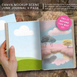May include: A mockup scene featuring a hand holding open a blank journal with a painted landscape on the right page. The journal is on a wooden surface with a honeycomb, flowers, and a key.