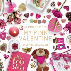Pode incluir: Uma coleção de 65 objetos PNG temáticos de Dia dos Namorados rosa, incluindo corações, velas, rosas, chocolate e um animal de pelúcia. O texto "My Pink Valentine" é exibido em uma fonte dourada.