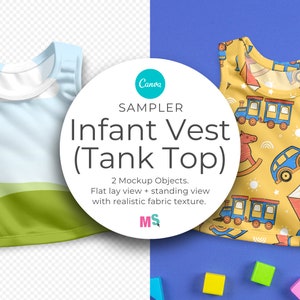Op de afbeelding: Twee mockups van een mouwloos babyvestje, een met een groen en blauw landschapsontwerp en de andere met een gele achtergrond en een kleurrijk trein-, schommelpaard- en vliegerontwerp. De tekst "Infant Vest (Tank Top)" wordt weergegeven op een witte cirkel.