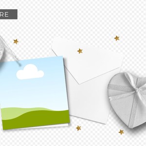 May include: A white envelope, a white heart-shaped box with a white ribbon, and a card with a blue sky, white cloud, and green hills. Gold stars are scattered around the objects.